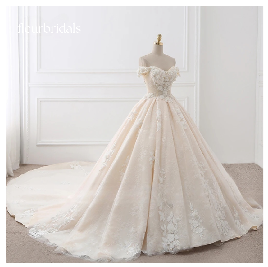 Royal Train Beaded Sweetheart Ball Gown Wedding Dresses Appliques Flowers Vintage Lace Bride Gowns - Fleur Bridals