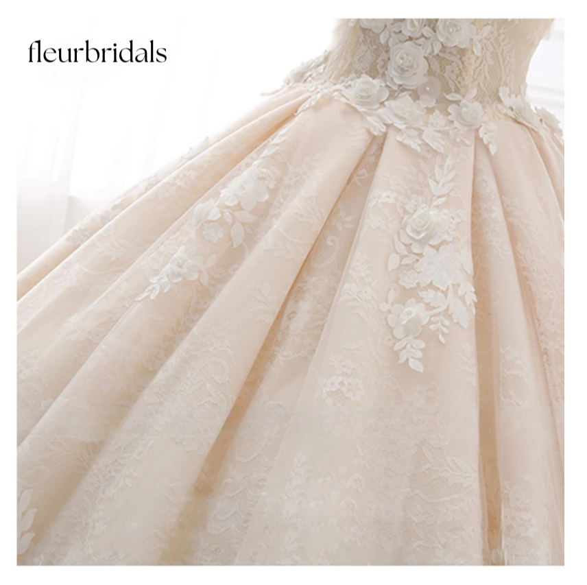 Royal Train Beaded Sweetheart Ball Gown Wedding Dresses Appliques Flowers Vintage Lace Bride Gowns - Fleur Bridals
