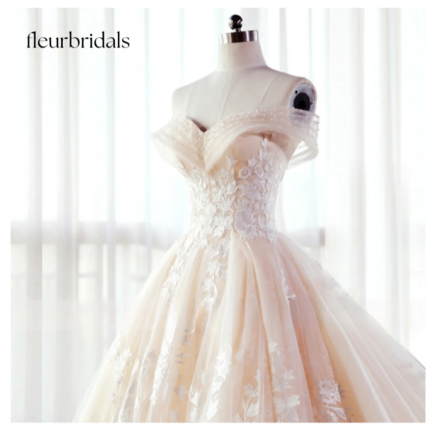Lace Ball Gown Wedding Dress Sexy Illusion Boat Neck Appliques Beaded Court Train Bridal Gown - Fleur Bridals