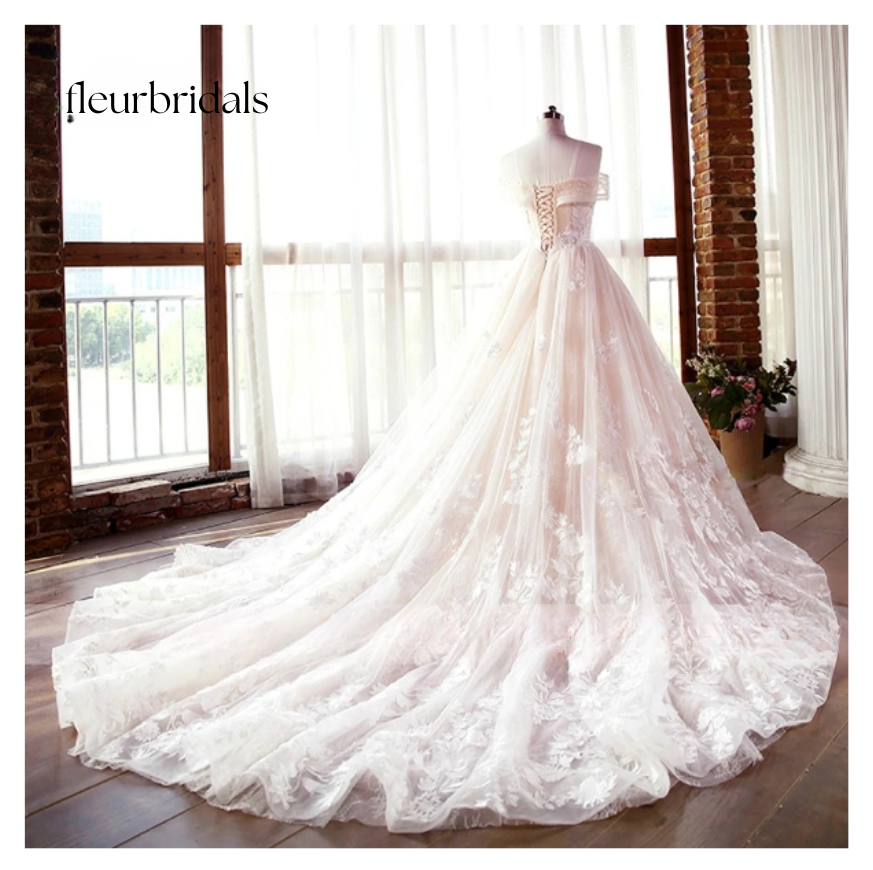 Lace Ball Gown Wedding Dress Sexy Illusion Boat Neck Appliques Beaded Court Train Bridal Gown - Fleur Bridals