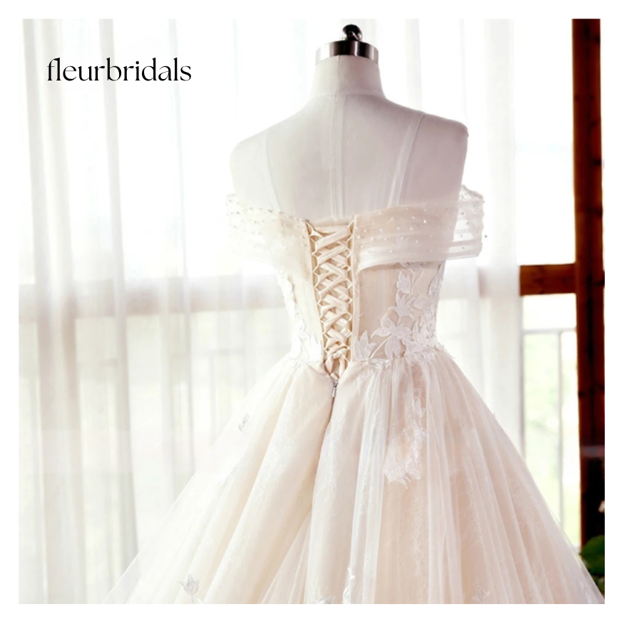 Lace Ball Gown Wedding Dress Sexy Illusion Boat Neck Appliques Beaded Court Train Bridal Gown - Fleur Bridals