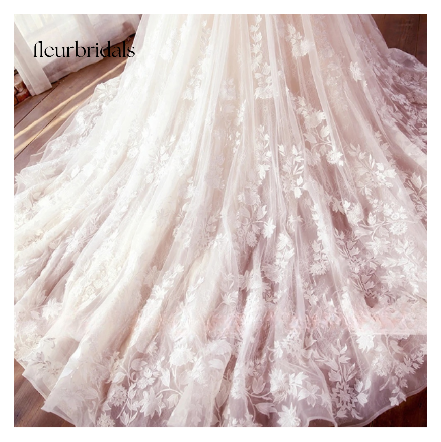 Lace Ball Gown Wedding Dress Sexy Illusion Boat Neck Appliques Beaded Court Train Bridal Gown - Fleur Bridals