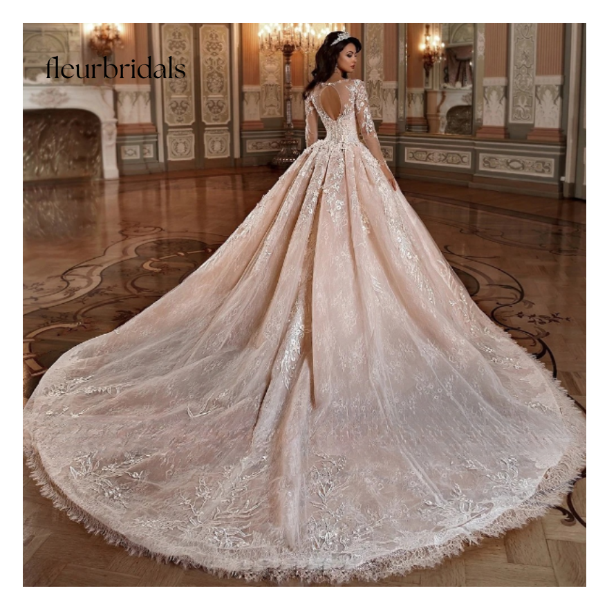 Luxury Long Sleeve Flowers Lace Ball Gown Wedding Dresses Elegant Appliques Beaded Chapel Train Vintage Bridal Gowns - Fleur Bridals
