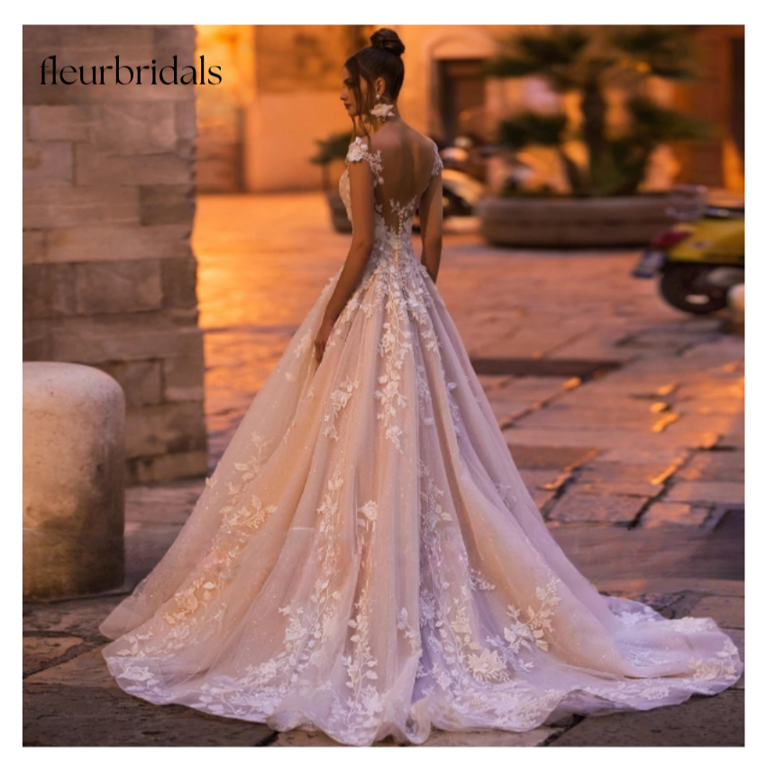 Sexy Backless Cap Sleeve Lace Princess Wedding Dress Appliques Beaded Flowers Court Train Vintage A Line Bridal Gowns - Fleur Bridals
