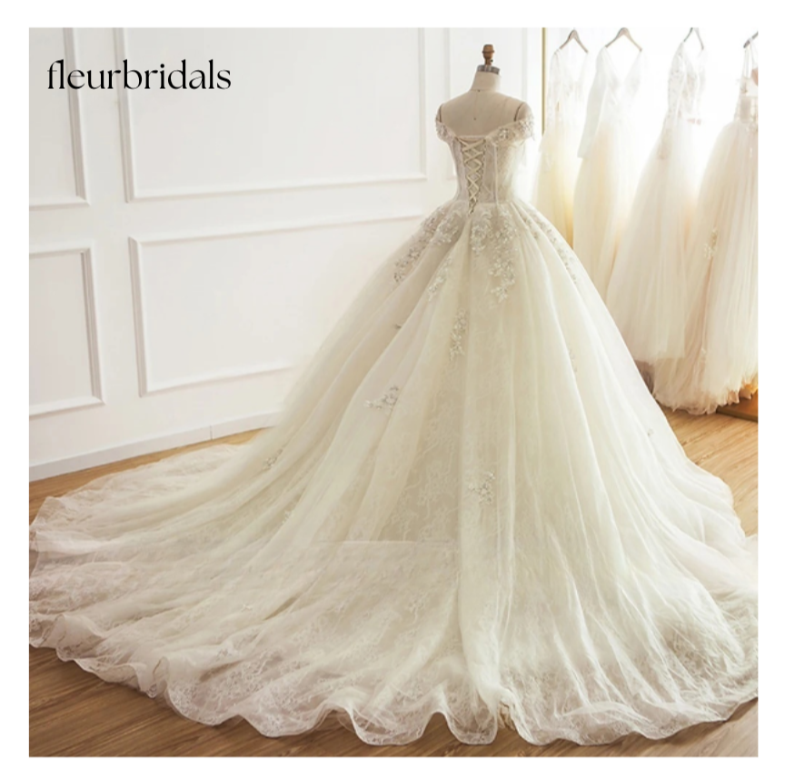 Sexy V Neck Ball Gown Lace Wedding Dresses Appliques Beaded Vintage Bride dress - Fleur Bridals