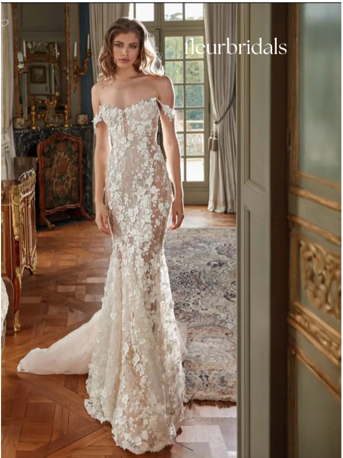 Elegant Boat Neck Spaghetti Straps Lace Mermaid Wedding Dress Sexy Illusion Beaded Pearls Court Train Trumpet Bridal Gown - Fleur Bridals