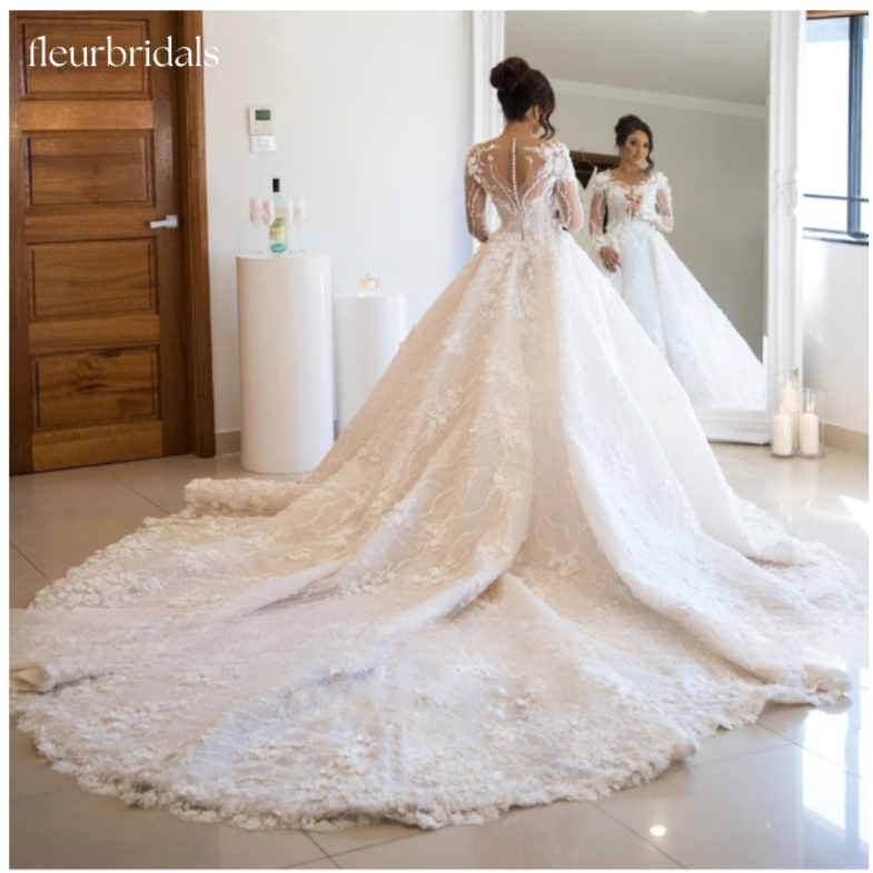 Sexy Sweetheart Long Sleeve Lace Ball Gown Wedding Dresses Luxury Flowers Chapel Train Vintage Bridal Gown - Fleur Bridals