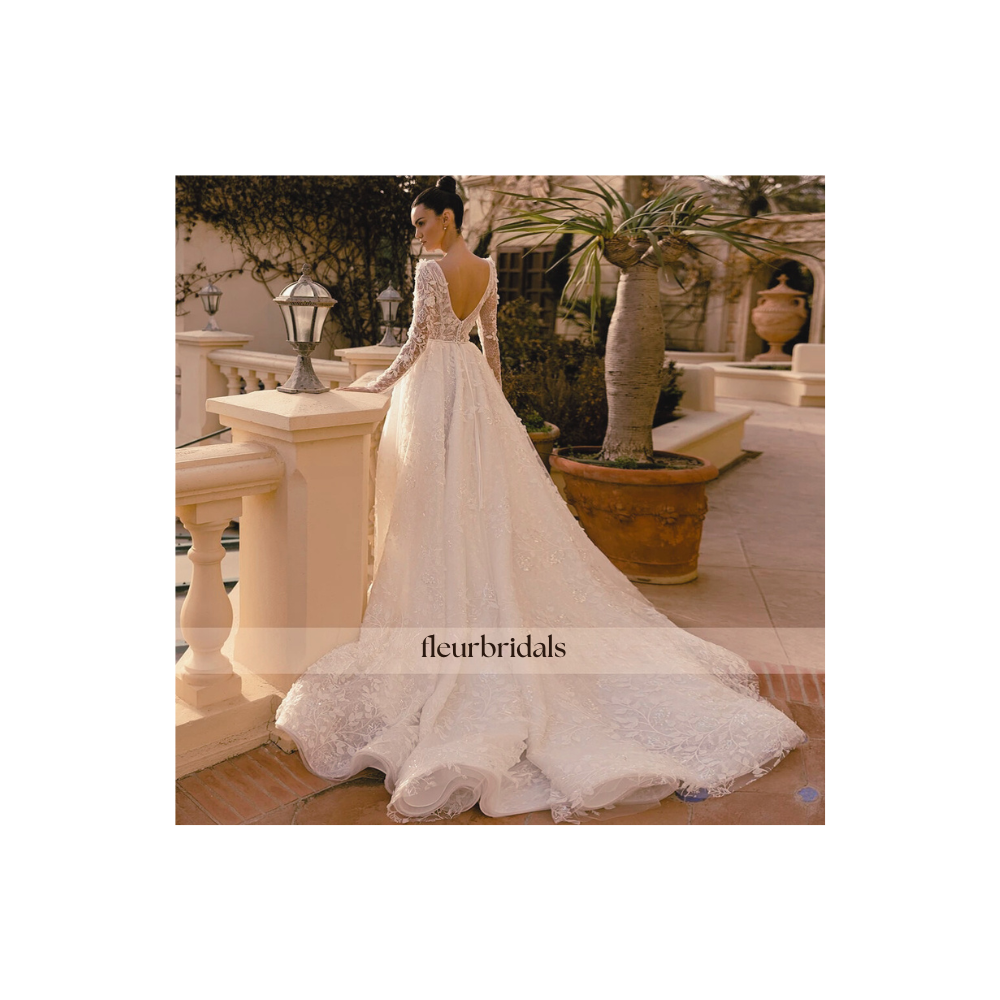 Customized Scoop Neck Long Sleeve Lace Vintage Wedding Dress Sexy Backless Appliques Beaded Court Train A Line Bridal Gown - Fleur Bridals