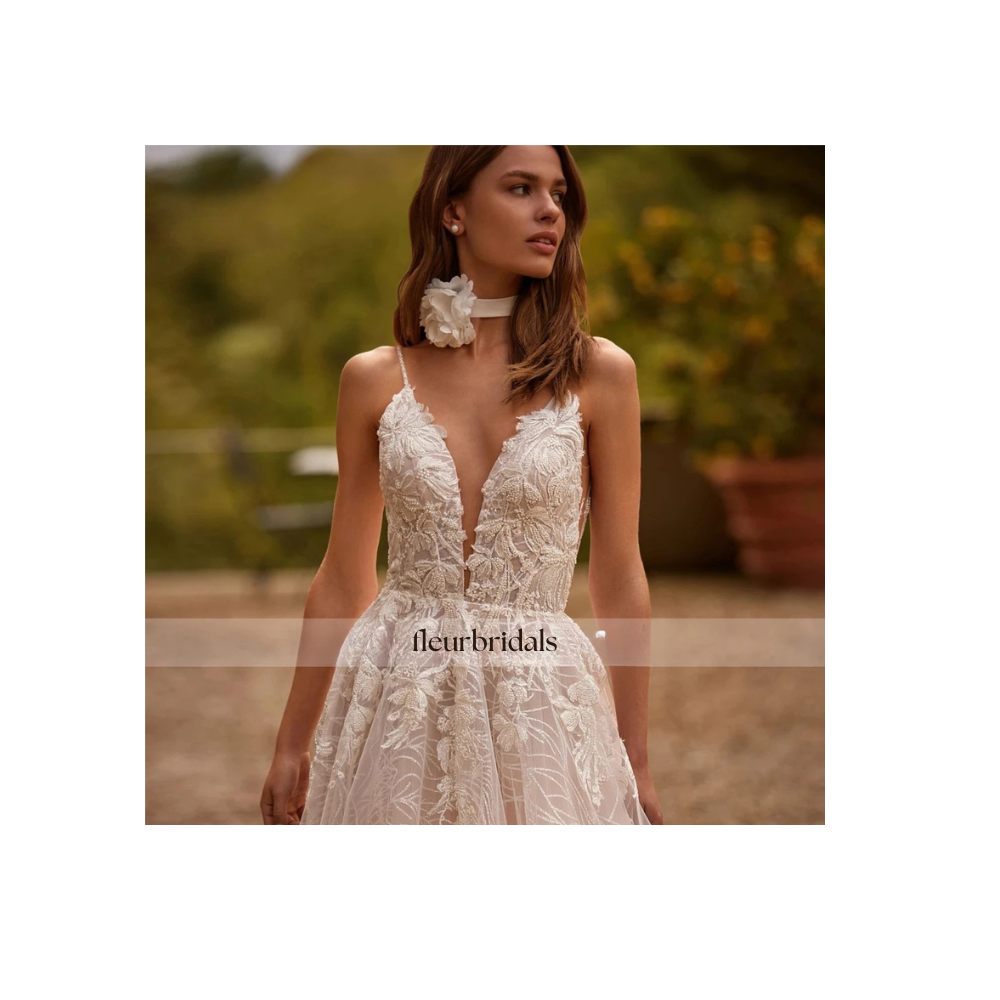 Sexy Backless V Neck Lace Vintage Wedding Dresses Luxury Spaghetti Straps Beaded Court Train A Line Bridal Gown - Fleur Bridals