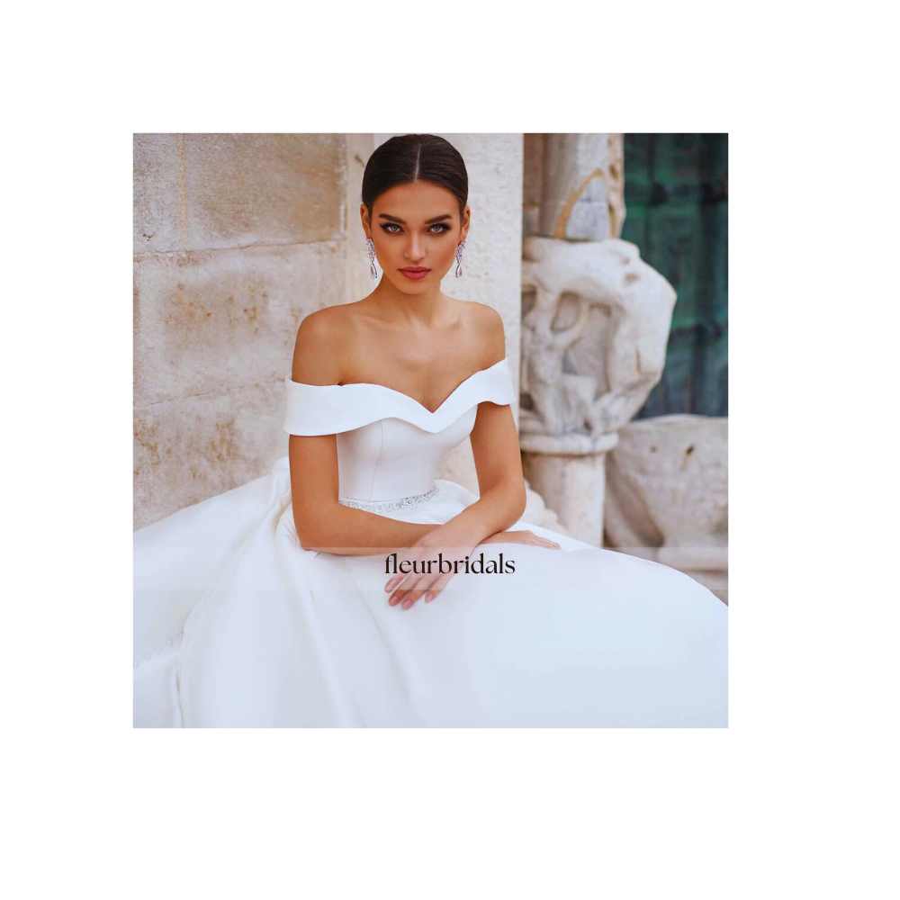 Customized Sexy Backless Boat Neck Matte Satin Princess Wedding Dress Luxury Sashes Beaded Button Court Train A Line Bride Gown - Fleur Bridals
