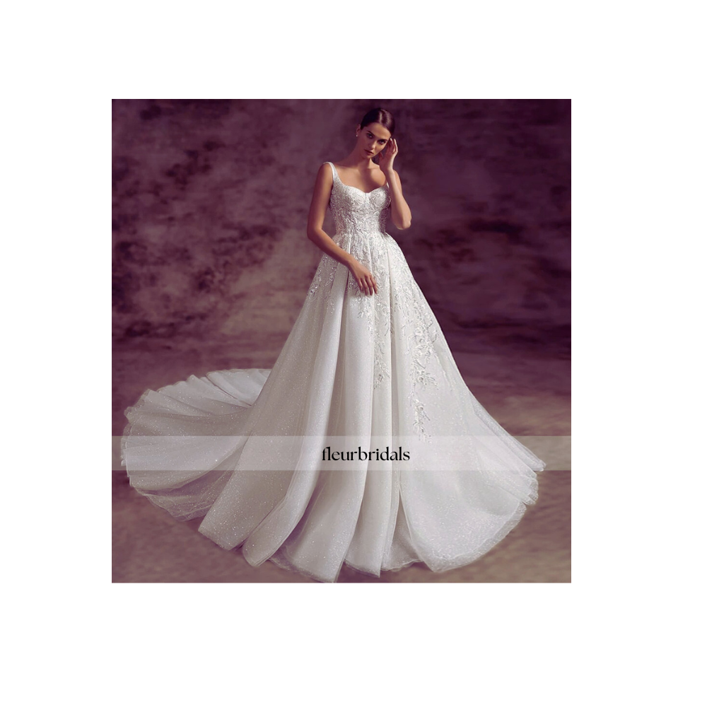 Customized Exquisite Appliques Beaded A Line Vintage Wedding Dress Luxury Spaghetti Straps Court Train Princess Bridal Gown - Fleur Bridals