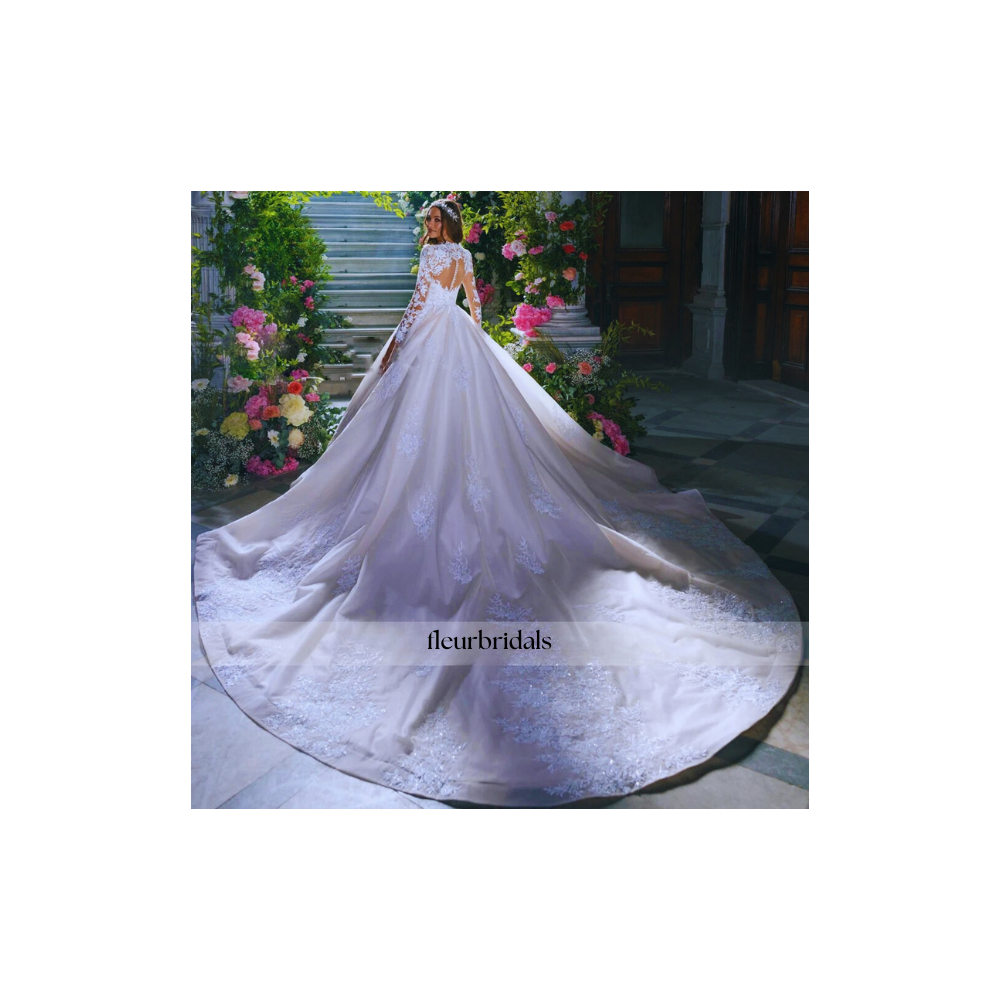 Customized A-Line Elegant Princess Wedding Dresses High Neck Long Sleeve Lace Appliques Romantic Bridal Gowns - Fleur Bridals