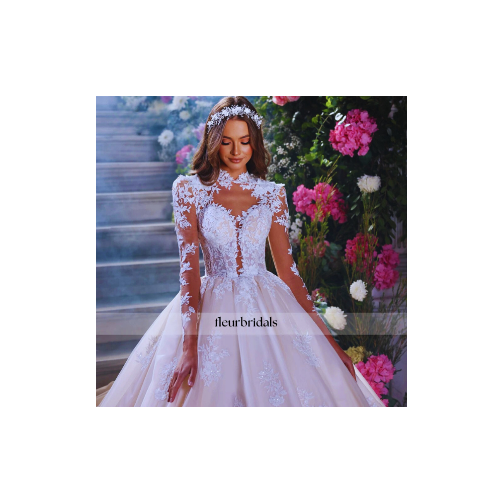 Customized A-Line Elegant Princess Wedding Dresses High Neck Long Sleeve Lace Appliques Romantic Bridal Gowns - Fleur Bridals
