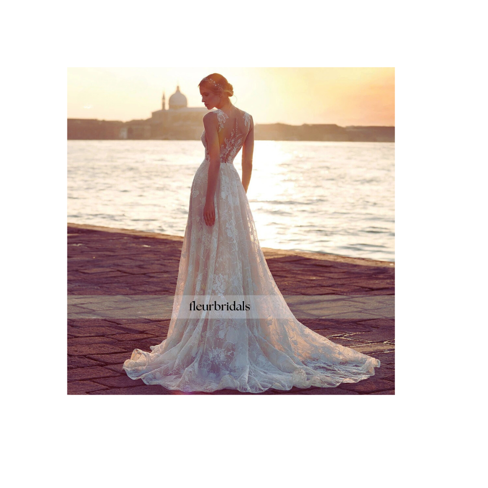 Customized Sexy Illusion V Neck Lace Vintage Wedding Dresses Luxury Appliques Belt Sweep Train A Line Bridal Gown - Fleur Bridals