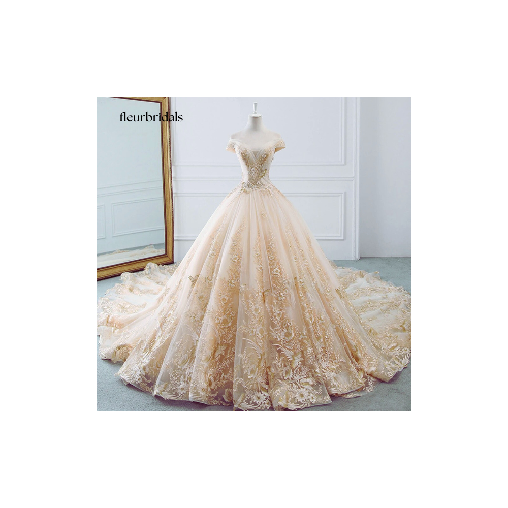Customized Lace Ball Gown Wedding Dresses Luxury Boat Neck Appliques Beaded Royal Train Vintage Bridal Gown - Fleur Bridals