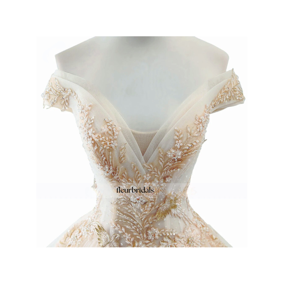 Customized Lace Ball Gown Wedding Dresses Luxury Boat Neck Appliques Beaded Royal Train Vintage Bridal Gown - Fleur Bridals