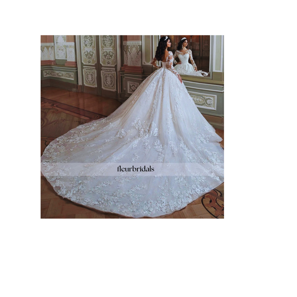Customized Sexy Backless Long Sleeve Lace Ball Gown Wedding Dresses Luxury Appliques Flowers Chapel Train Vintage Bridal Gowns - Fleur Bridals