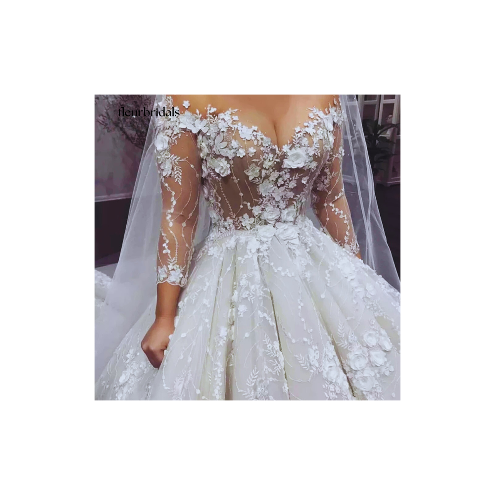 Customized Sexy Illusion Long Sleeve Lace Ball Gown Wedding Dresses Exquisite Boat Neck Flowers Chapel Train Vintage Bridal Gown - Fleur Bridals