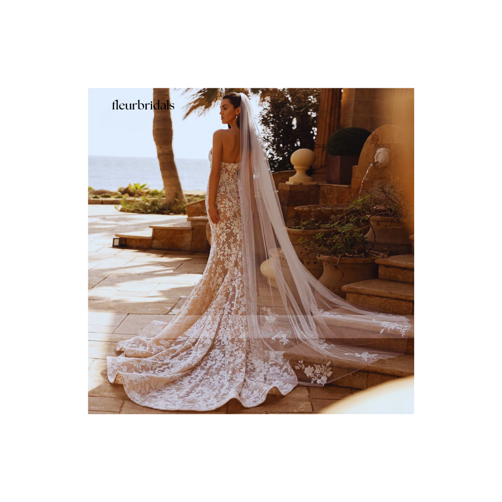 Customized Elegant Strapless Detachable Train Lace Mermaid Wedding Dresses Backless Appliques Beaded Flowers Trumpet Bridal Gown - Fleur Bridals