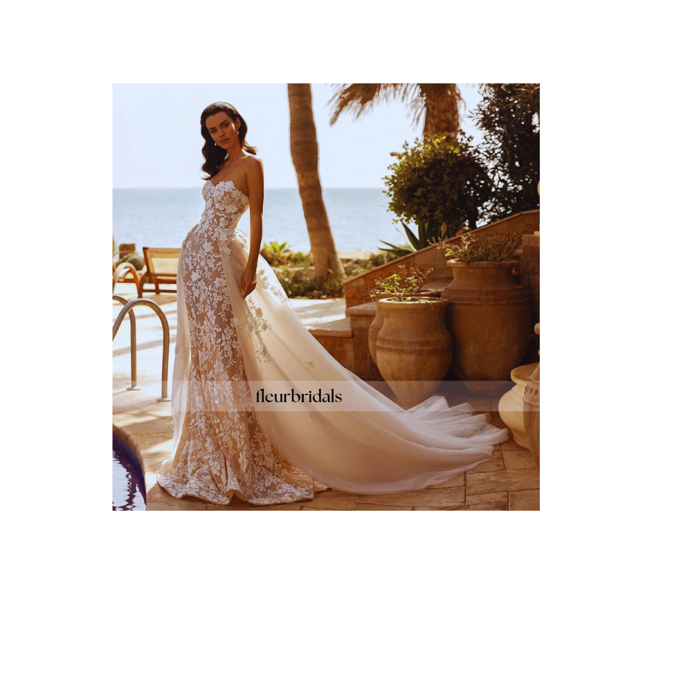 Customized Elegant Strapless Detachable Train Lace Mermaid Wedding Dresses Backless Appliques Beaded Flowers Trumpet Bridal Gown - Fleur Bridals
