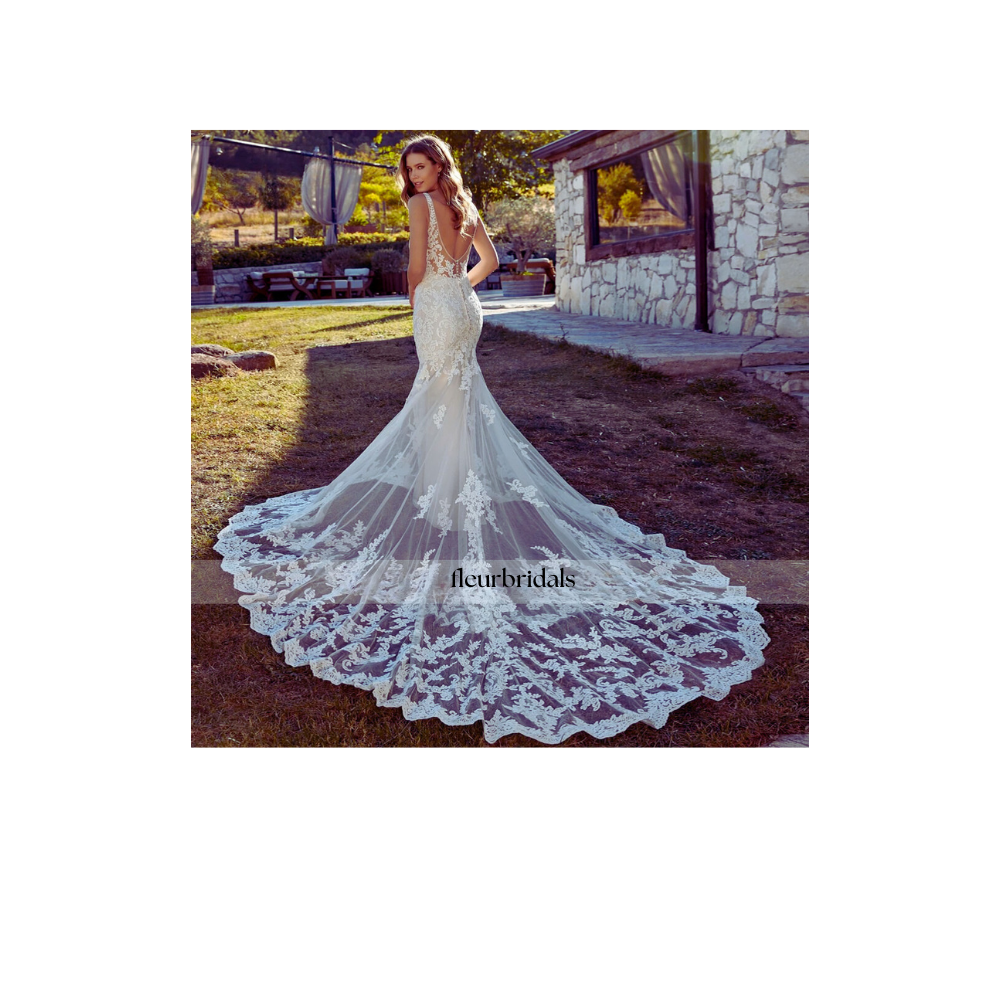 Customized Sexy Backless V Neck Appliques Mermaid Wedding Dresses Luxury Spaghetti Straps Court Train Trumpet Bridal Gown - Fleur Bridals