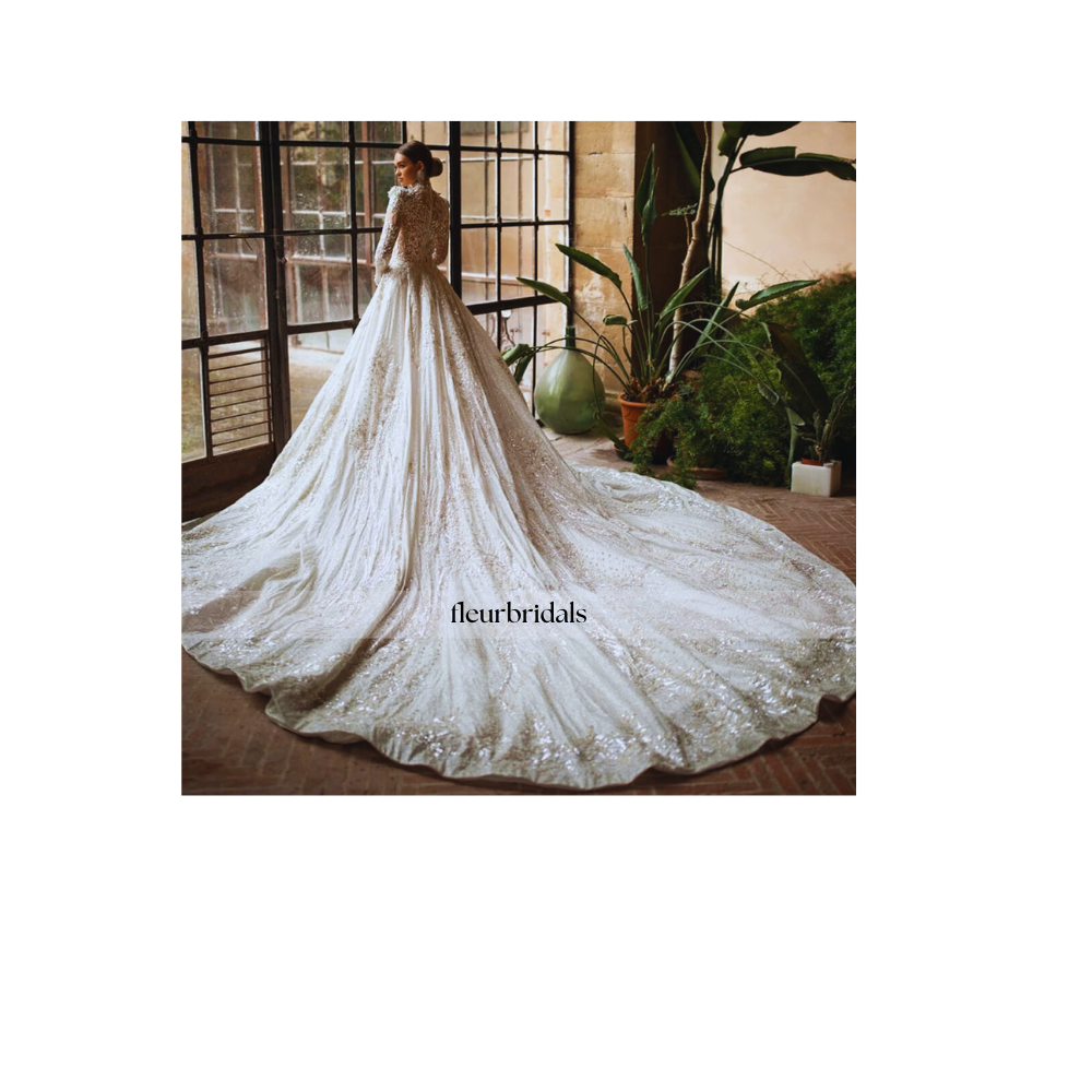 Exquisite High Neck Lace Wedding Dress | Luxury Beaded Crystal A-Line Bridal Gown - Fleur Bridals