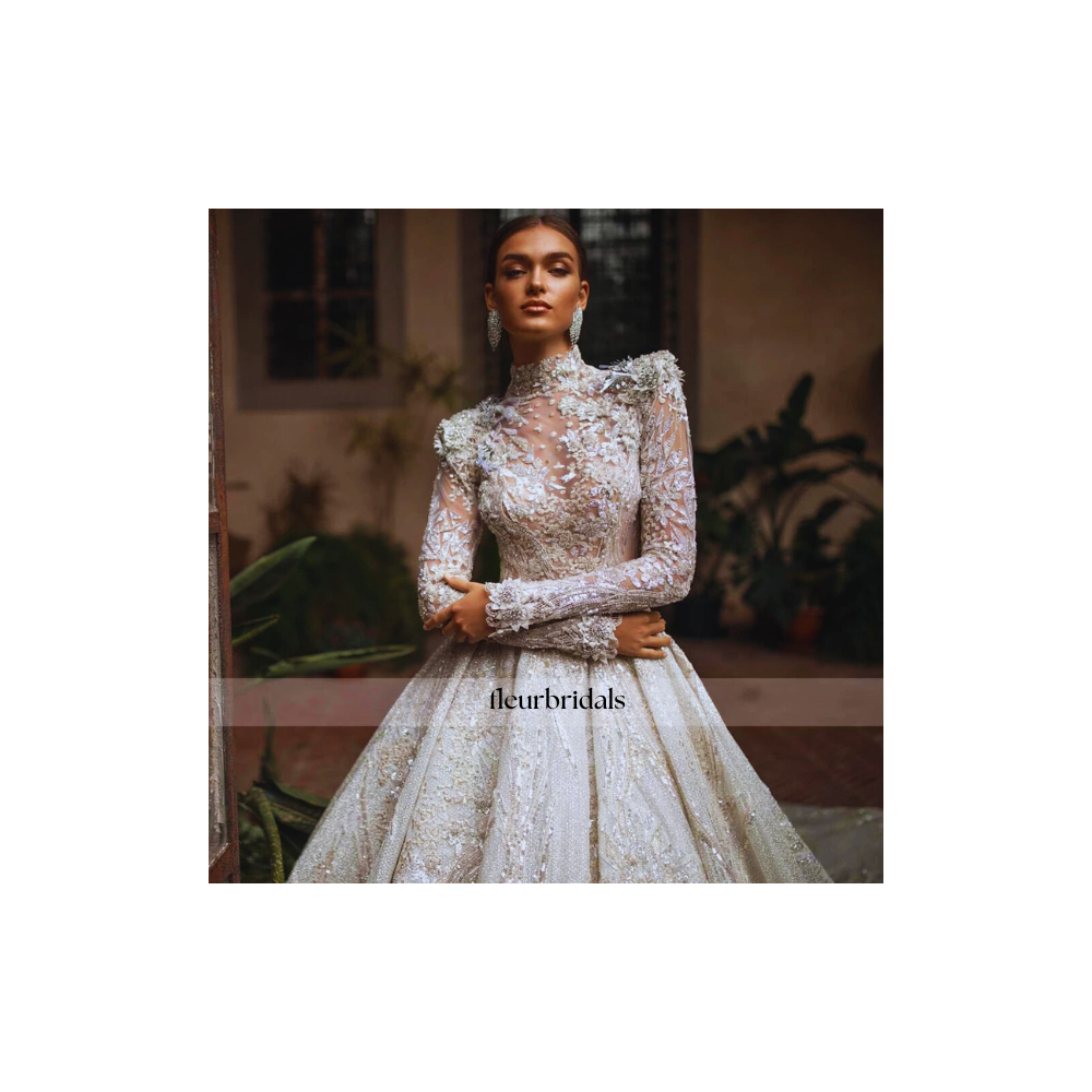 Exquisite High Neck Lace Wedding Dress | Luxury Beaded Crystal A-Line Bridal Gown - Fleur Bridals