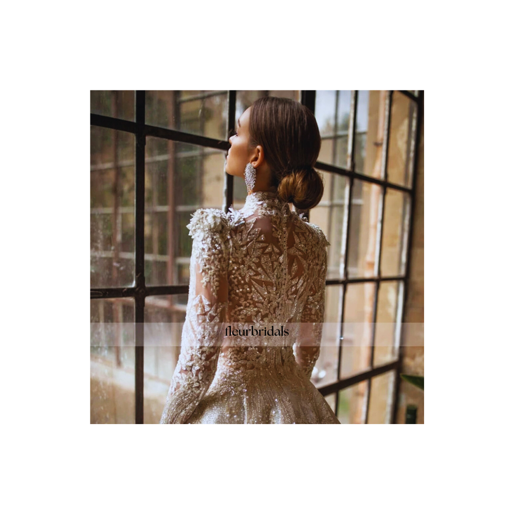 Exquisite High Neck Lace Wedding Dress | Luxury Beaded Crystal A-Line Bridal Gown - Fleur Bridals