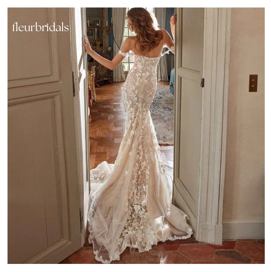 Elegant Boat Neck Spaghetti Straps Lace Mermaid Wedding Dress Sexy Illusion Beaded Pearls Court Train Trumpet Bridal Gown - Fleur Bridals