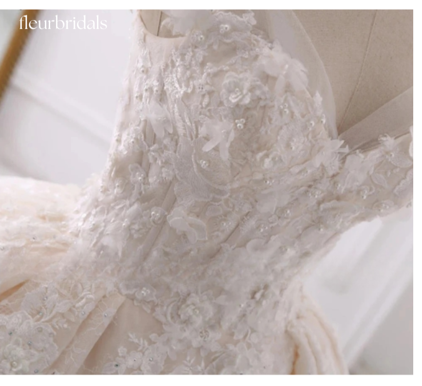 Sexy Sweetheart Lace Ball Gown Wedding Dresses Applique Beaded Flowers Chapel Train Bride Gown - Fleur Bridals