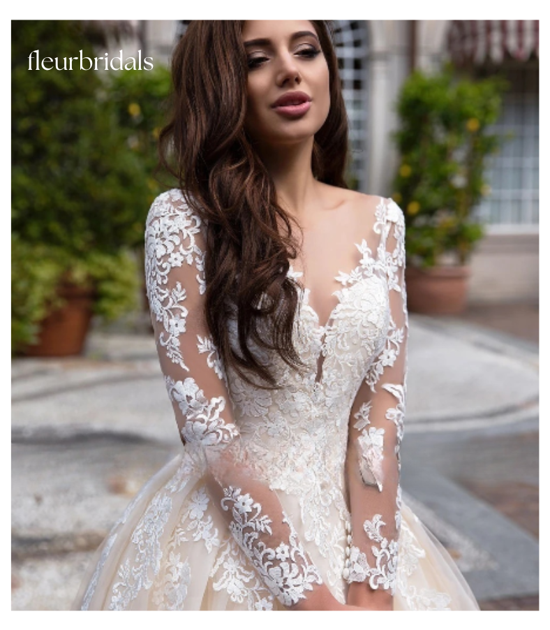Elegant Illusion Long Sleeve Vintage Wedding Dresses Luxury Scoop Neck Appliques Court Train A Line Bridal Gowns - Fleur Bridals