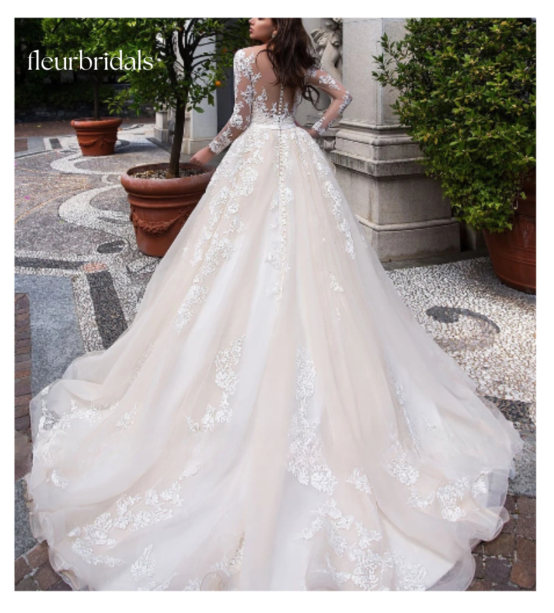 Elegant Illusion Long Sleeve Vintage Wedding Dresses Luxury Scoop Neck Appliques Court Train A Line Bridal Gowns - Fleur Bridals