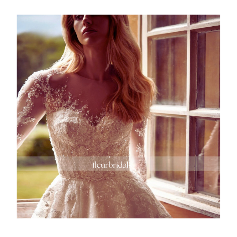 Luxury Scoop Neck Long Sleeve Lace Wedding Dress | Appliques, Beaded Belt & Court Train A-Line Gown - Fleur Bridals