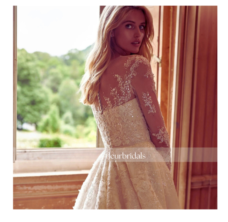 Luxury Scoop Neck Long Sleeve Lace Wedding Dress | Appliques, Beaded Belt & Court Train A-Line Gown - Fleur Bridals