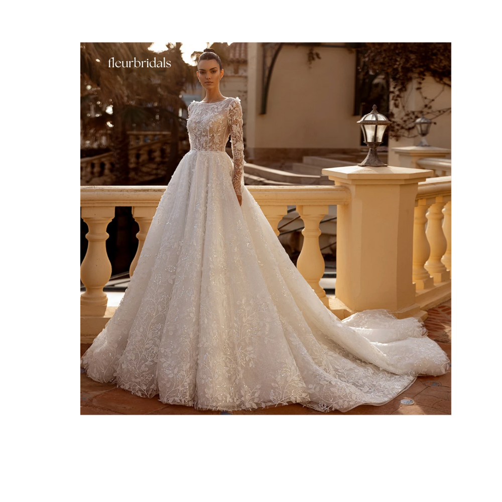 Customized Scoop Neck Long Sleeve Lace Vintage Wedding Dress Sexy Backless Appliques Beaded Court Train A Line Bridal Gown - Fleur Bridals