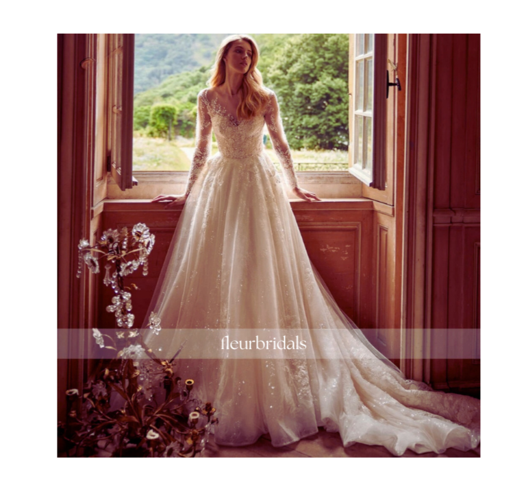 Luxury Scoop Neck Long Sleeve Lace Wedding Dress | Appliques, Beaded Belt & Court Train A-Line Gown - Fleur Bridals