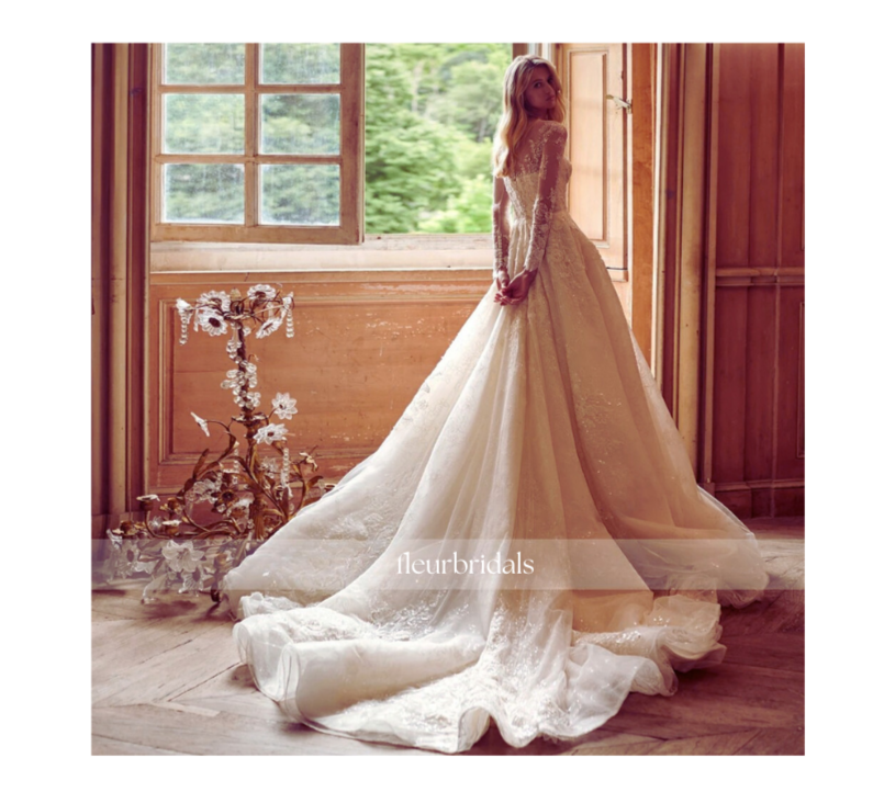 Luxury Scoop Neck Long Sleeve Lace Wedding Dress | Appliques, Beaded Belt & Court Train A-Line Gown - Fleur Bridals