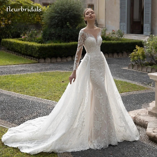 Mermaid Wedding Dress For Women Detachable Train Long Sleeve Lace Appliques