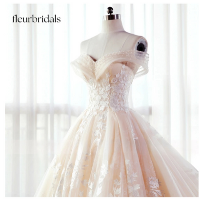 Lace Ball Gown Wedding Dress Sexy Illusion Boat Neck Appliques Beaded Court Train Bridal Gown - Fleur Bridals 