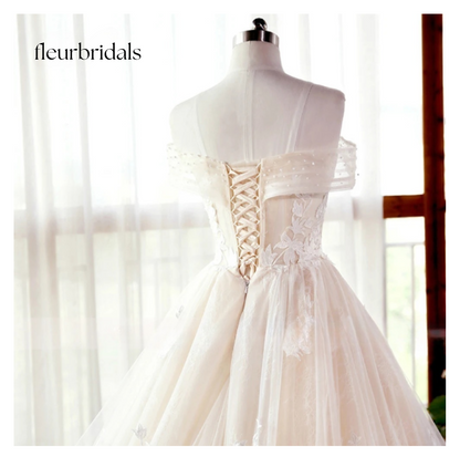 Lace Ball Gown Wedding Dress Sexy Illusion Boat Neck Appliques Beaded Court Train Bridal Gown - Fleur Bridals 