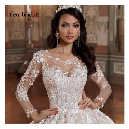 Luxury Long Sleeve Flowers Lace Ball Gown Wedding Dresses Elegant Appliques Beaded Chapel Train Vintage Bridal Gowns - Fleur Bridals 
