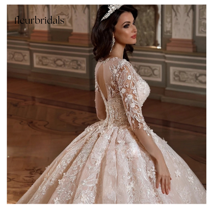 Luxury Long Sleeve Flowers Lace Ball Gown Wedding Dresses Elegant Appliques Beaded Chapel Train Vintage Bridal Gowns - Fleur Bridals 