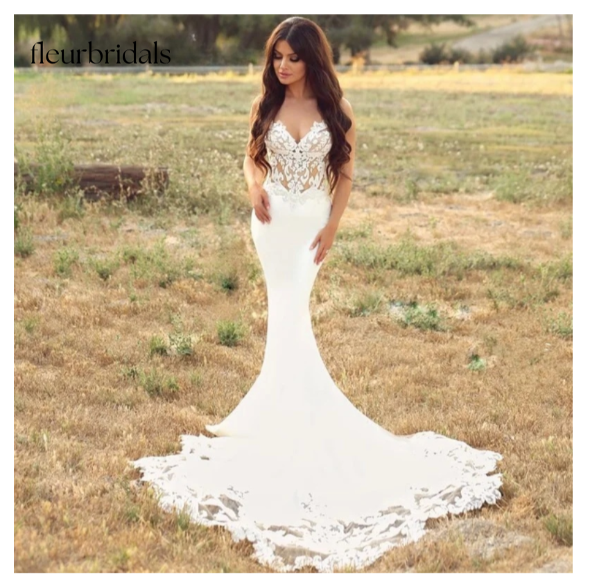 Morden Lace Satin Mermaid Wedding Dresses Sweetheart Sleeveless Bridal Gown Simple Plain Long Train Sweep Train