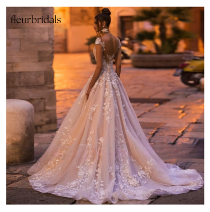 Sexy Backless Cap Sleeve Lace Princess Wedding Dress Appliques Beaded Flowers Court Train Vintage A Line Bridal Gowns - Fleur Bridals 