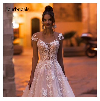 Sexy Backless Cap Sleeve Lace Princess Wedding Dress Appliques Beaded Flowers Court Train Vintage A Line Bridal Gowns - Fleur Bridals 