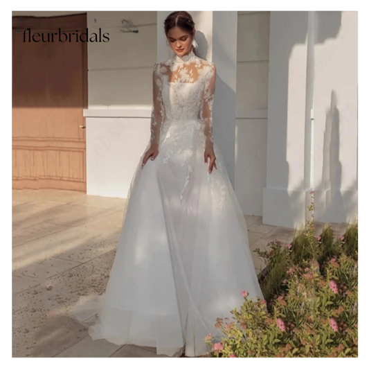 Elegant High Neck Long Sleeve Wedding Dress For Women Gorgeous Lace Bridal Party A-line Custom Made