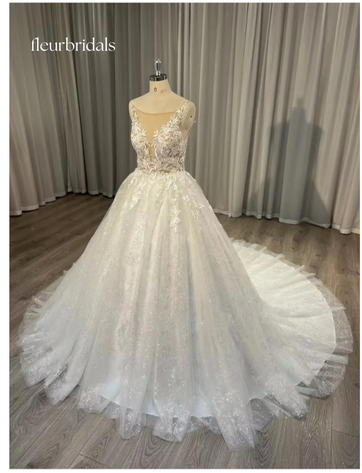 Sexy Backless Scoop Lace Wedding Dresses For Bride France Court Train Glitter Skirt A Line Sleeveless Women Bridal Gown