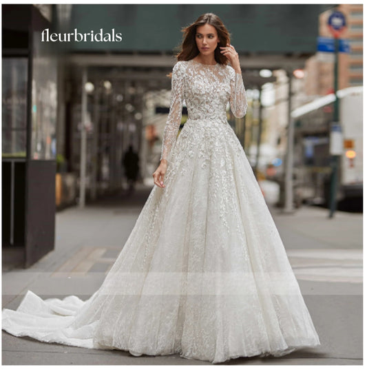 A-Line Long Sleeve Wedding Dresses 2024 SCOOP Sequined Illusion Beading Brush Train Wedding Gown