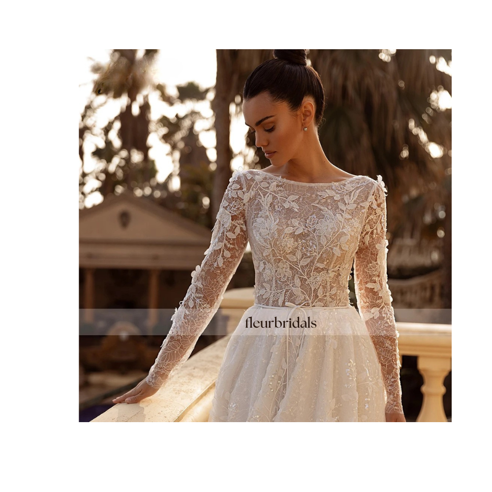 Customized Scoop Neck Long Sleeve Lace Vintage Wedding Dress Sexy Backless Appliques Beaded Court Train A Line Bridal Gown - Fleur Bridals 