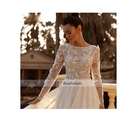 Customized Scoop Neck Long Sleeve Lace Vintage Wedding Dress Sexy Backless Appliques Beaded Court Train A Line Bridal Gown - Fleur Bridals 